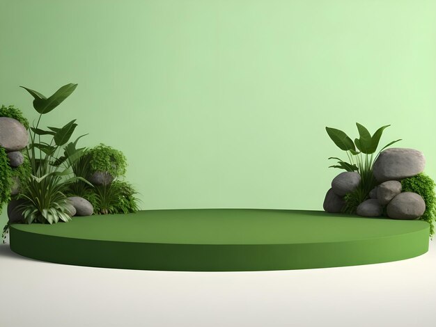 Empty round stone podium for product display on green foliage background ai generate