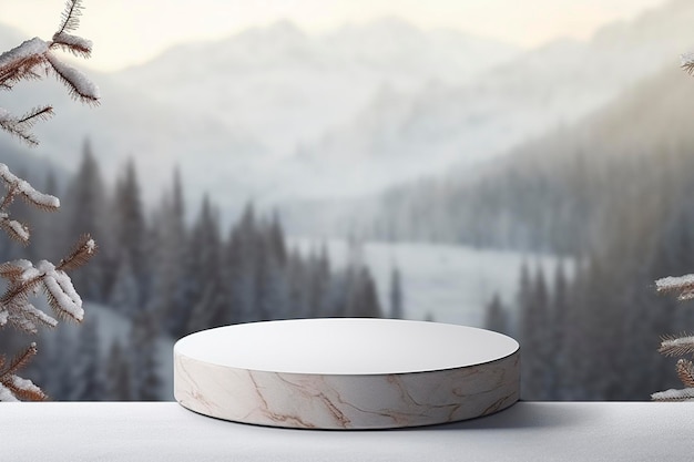 Empty round stone podium in winter background with copy space for product display