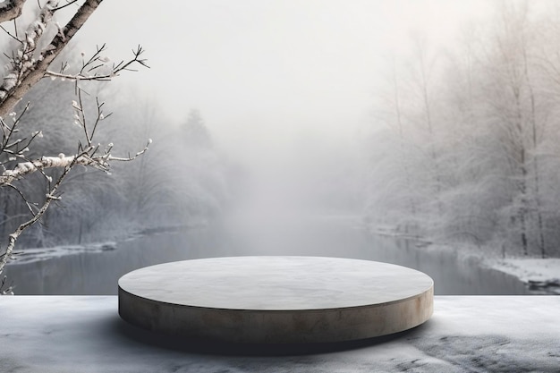 Empty round stone podium in winter background with copy space for product display