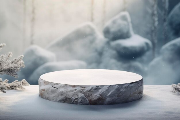 Empty round stone podium in winter background with copy space for product display