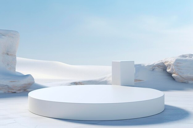 Empty round stone podium in winter background with copy space for product display