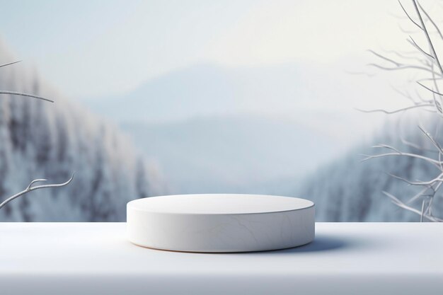 Empty round stone podium in winter background with copy space for product display