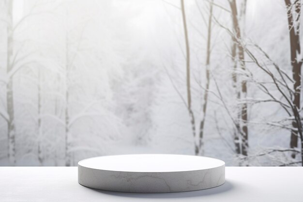 Empty round stone podium in winter background with copy space for product display