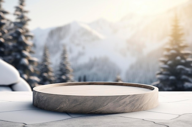 Empty round stone podium in winter background with copy space for product display