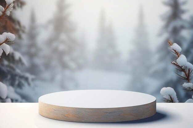 Empty round stone podium in winter background with copy space for product display