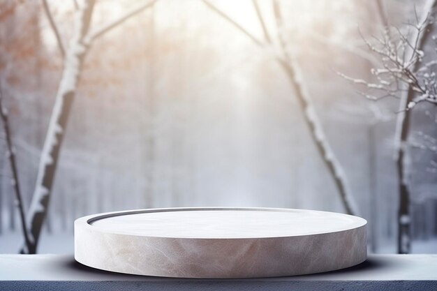 Empty round stone podium in winter background with copy space for product display