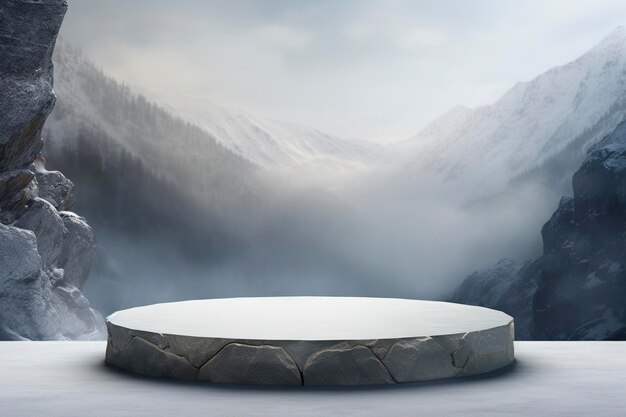 Empty round stone podium in winter background with copy space for product display