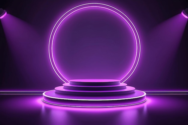 Empty round violet podium for product presentation with spotlights