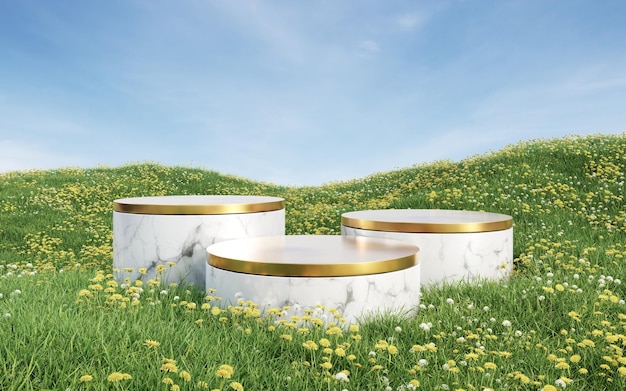 Empty round white marble podium with gold top on grass field 3d rendering image for product display