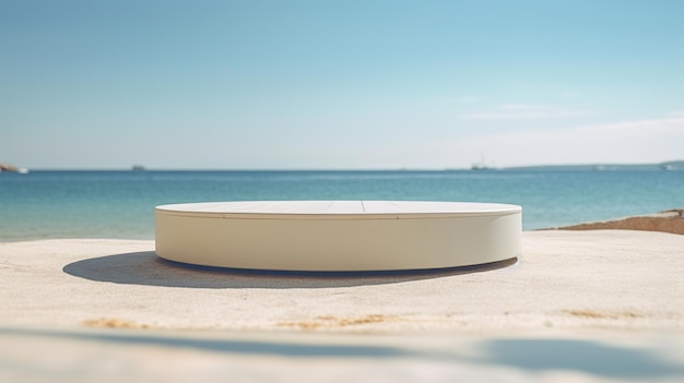 Empty round white platform podium on the beach Generative AI