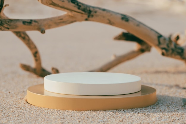 Empty round white platform podium and dry tree twig on the beach