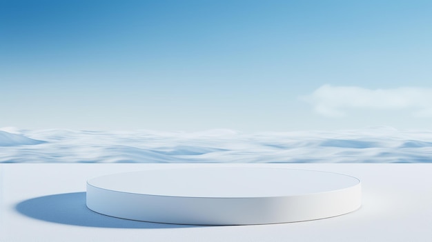 Empty round white podium with simple snowy backgrounds in blue sky for product display