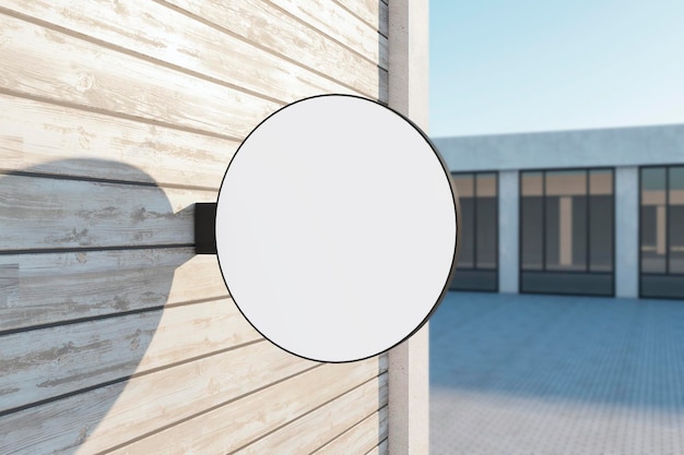 Empty round white stopper on wooden building bright city with\
sunlight background ad pub cafe or restaurant banner mock up 3d\
rendering