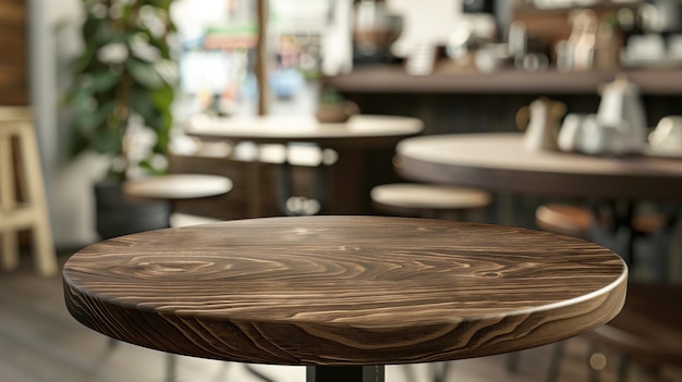 写真 カフェの空の丸い木製のボードテーブルは,製品の展示や組み立てに最適です.