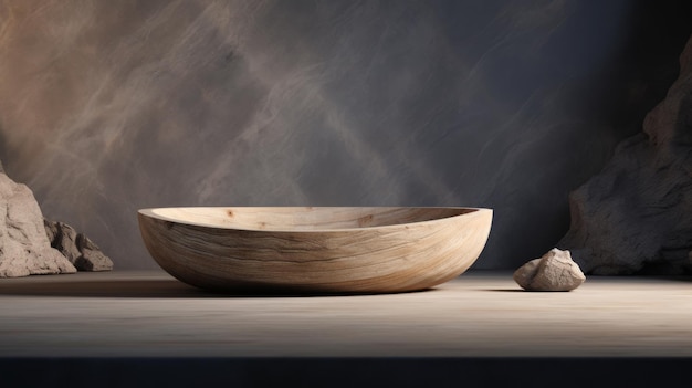 Empty round wooden plate on table in front of grunge wall