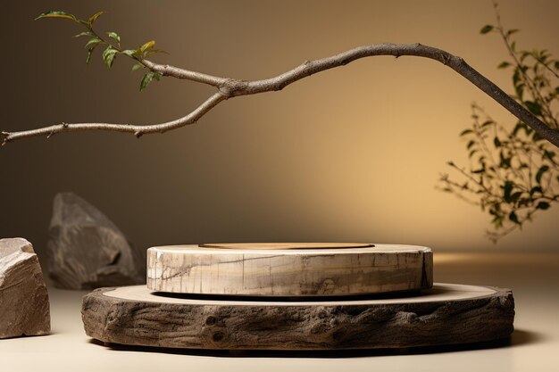 Empty round wooden podium for product display on brown background with tree branches