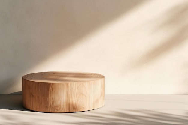 Empty round wooden podium for product display on minimalist wall background with leaf shadow