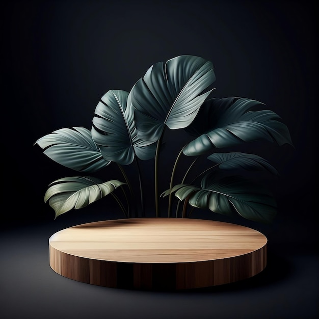 Empty round wooden table and tropical leaves on dark