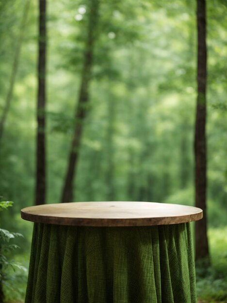 Empty round wooden table with green curtain and forest background for product display