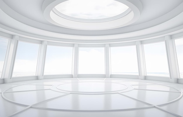 Пустая округлая белая комната с окнами Внутренняя структура современной архитектуры