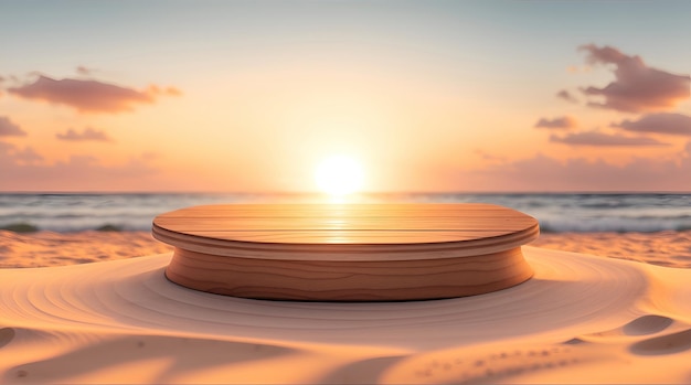 Empty rounded wooden podium product display on white sand beach over the ocean