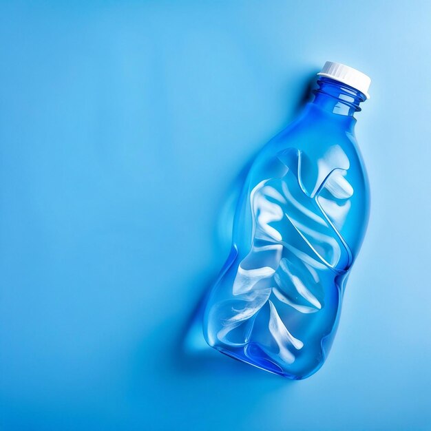 Empty rumpled used plastic bottle on blue background Top view copy space Pollution environmental