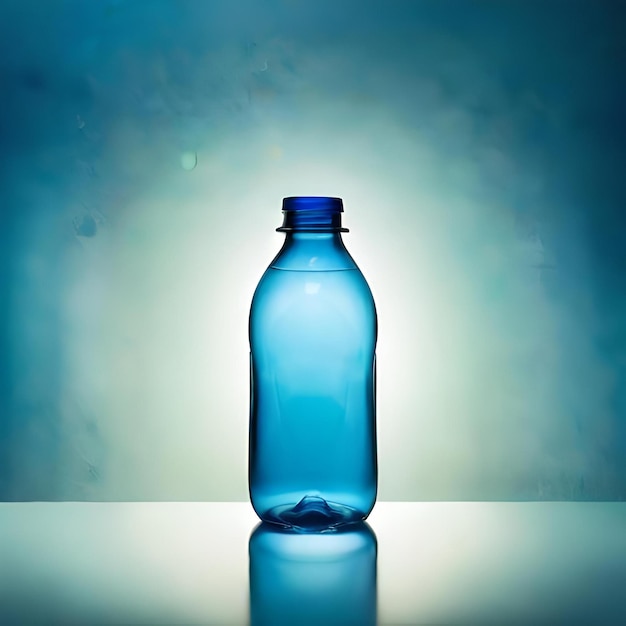 Empty rumpled used plastic bottle on blue background Top view copy space Pollution environmental