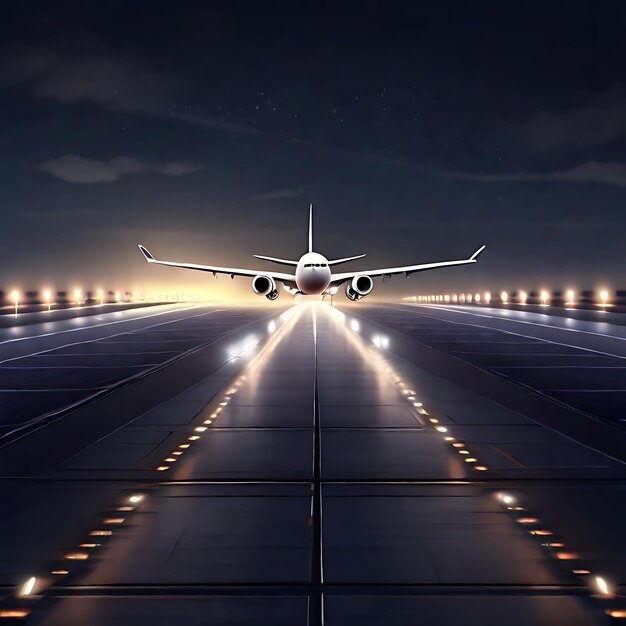 Photo an empty runway with an airplane landing from the sky night time ai