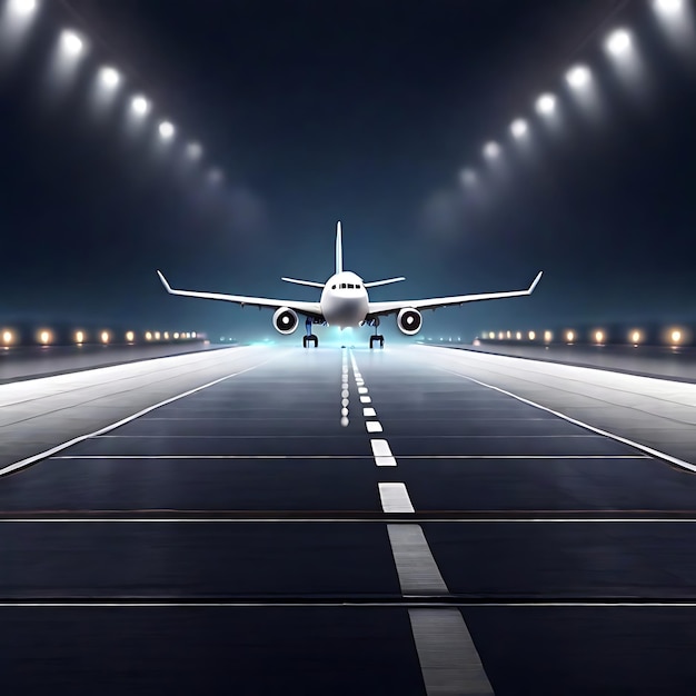 an empty runway with an airplane landing from the sky night time AI