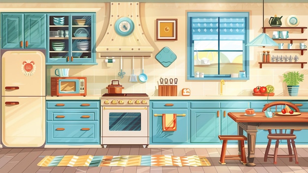 Photo an empty rustic kitchen with wooden furnishings and appliances an oven range hood refrigerator and utensils retro vintage style jalousies cartoon modern illustration
