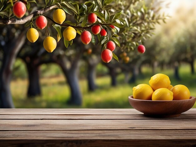 Foto spazio vuoto di vecchie tavole di legno rustiche con frutteto di limoni sullo sfondo