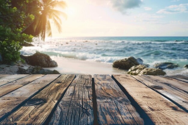 Empty rustic picnic table on beautiful beach for summer product display