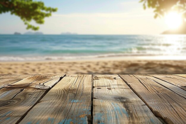 Empty rustic picnic table on beautiful beach for summer product display