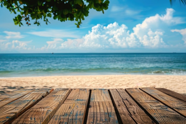 Photo empty rustic picnic table on beautiful beach for summer product display