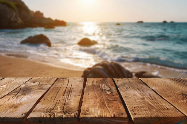 Photo empty rustic picnic table on beautiful beach for summer product display