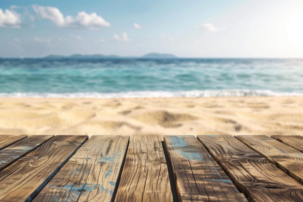 Photo empty rustic picnic table on beautiful beach for summer product display