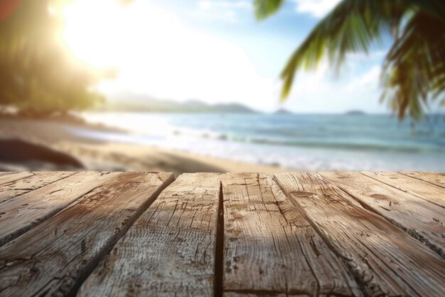 Photo empty rustic picnic table on beautiful beach for summer product display