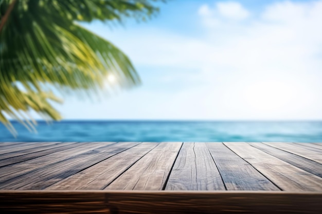背景をぼかした写真と熱帯のビーチの空の素朴な木のテーブル ai 生成イラスト