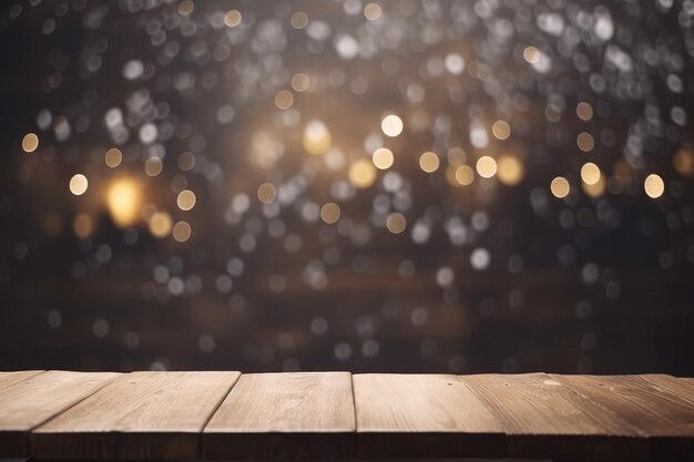 Empty rustic wood table with bokeh blurred background ai generative illustration