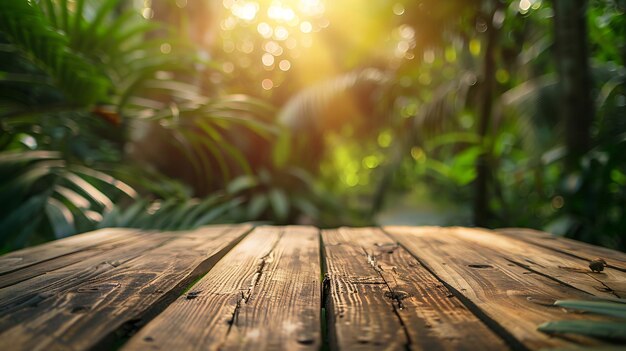 The empty rustic wooden plank table top with blur background of jungle Exuberant ima Generative AI