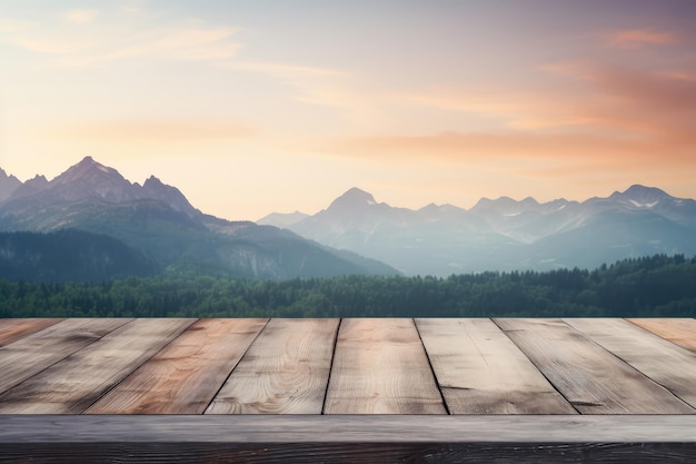 Empty Rustic Wooden Table Against Landscape With Mountains In Pastel Colors Generative AI