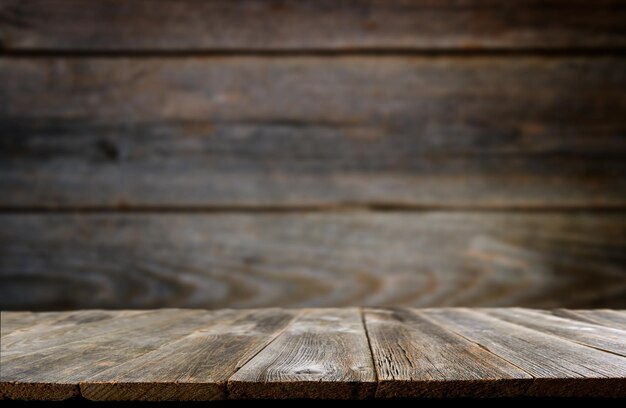 Photo empty rustic wooden table background old wood table with dark blurred background mock up