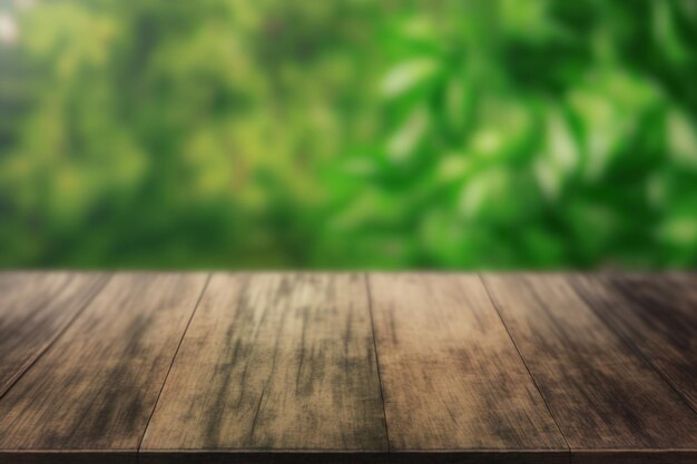 Empty rustic wooden table defocused green lush foliage background product display