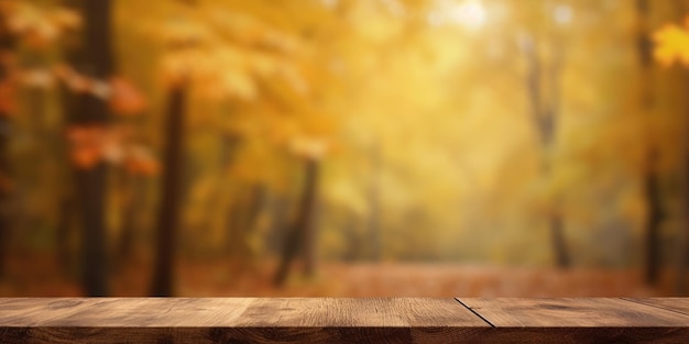 The empty rustic wooden table for product display with blur background of autumn forest Exuberant