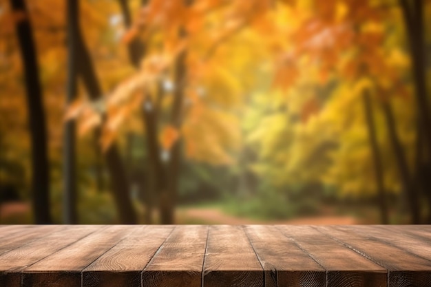 The empty rustic wooden table for product display with blur background of autumn forest Exuberant