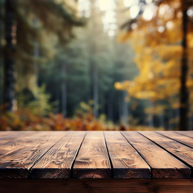 가을 숲의 흐릿한 배경과 함께 제품 디스플레이를 위한 빈 농촌 목조 테이블