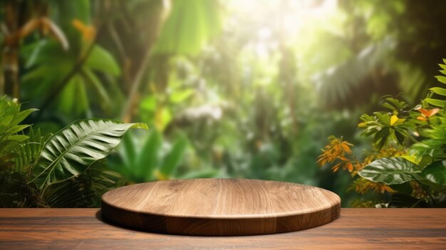 The empty rustic wooden table for product display with blur background of tropical jungle generative ai aig30