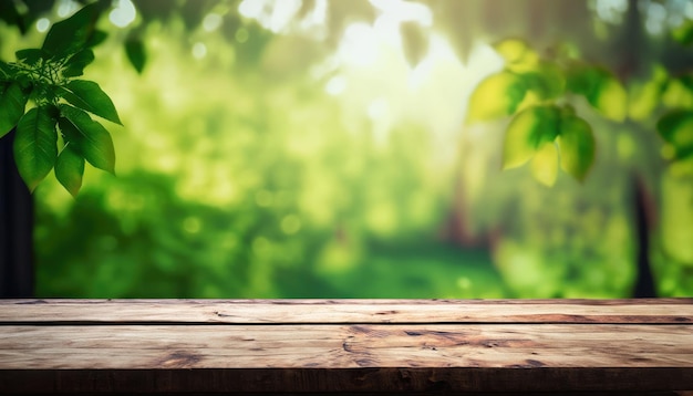 Empty rustic wooden table with defocused green lush foliage at the background