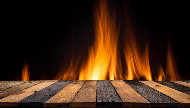 Empty rustic wooden table with fire flames on backdrop Mock up for product display