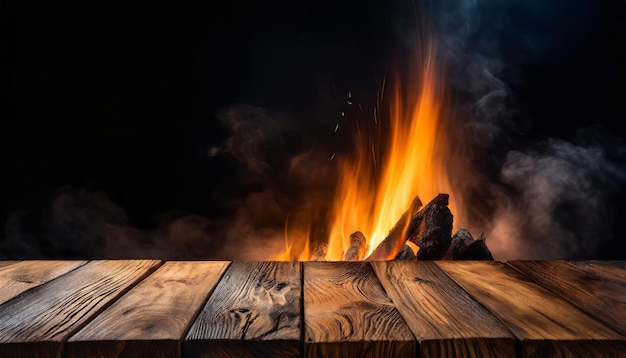 Empty rustic wooden table with fire flames on backdrop Mock up for product display
